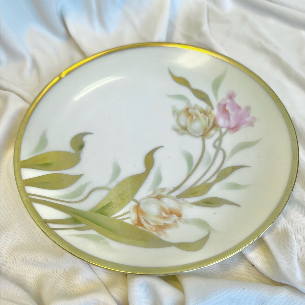 Antique Reinhold Schlegelmilch Gold, White, and Pink Floral Plate